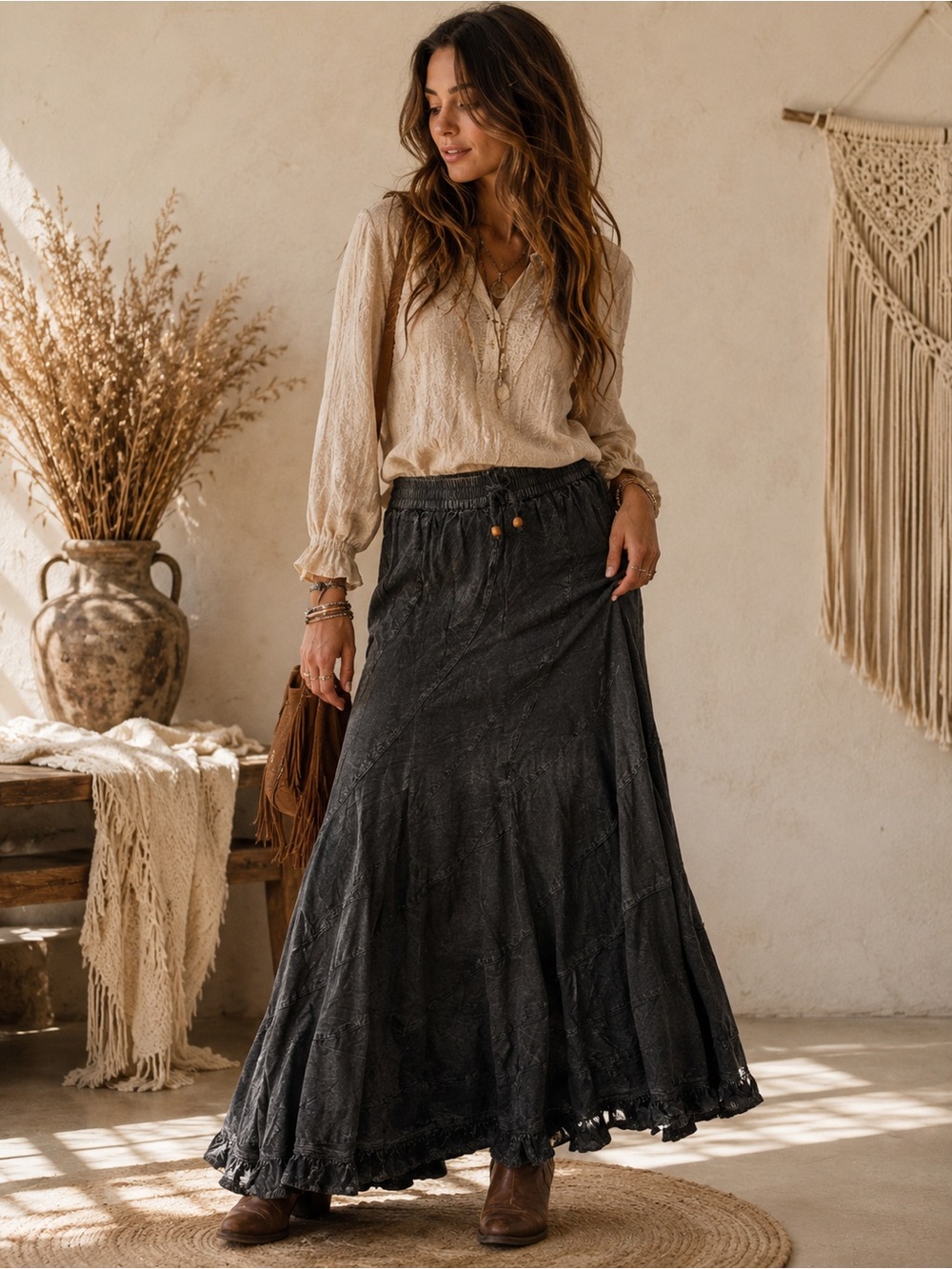Young Threads NWT Charcoal Boho Maxi Skirt Size Medium Flowy Cottagecore